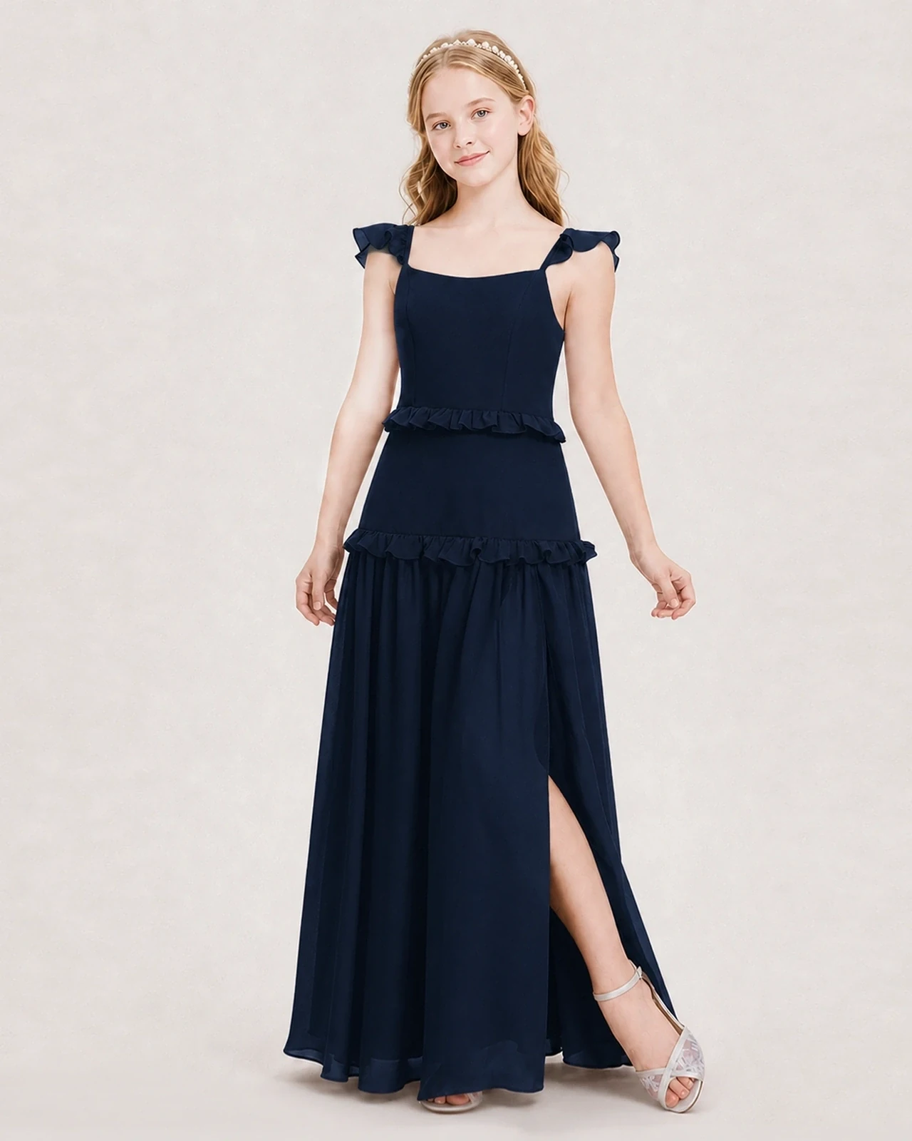 Dideyttawl Ruffle Chiffon Junior Bridesmaid Dress with Slit