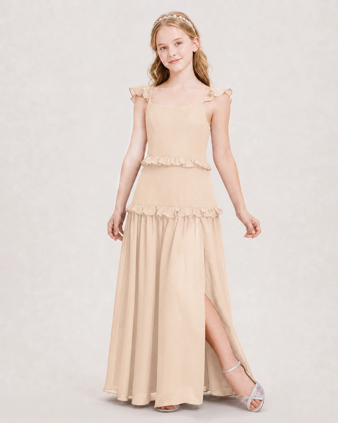 Dideyttawl Ruffle Chiffon Junior Bridesmaid Dress with Slit