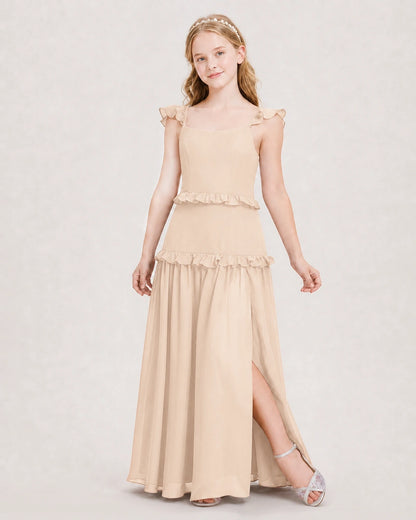 Dideyttawl Ruffle Chiffon Junior Bridesmaid Dress with Slit