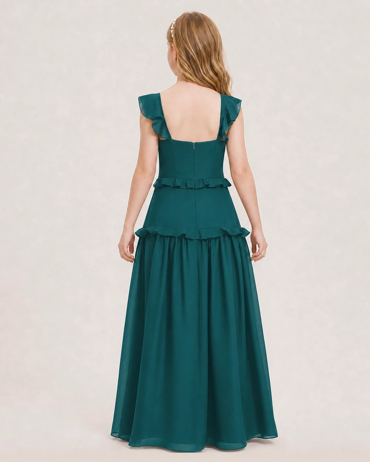 Dideyttawl Ruffle Chiffon Junior Bridesmaid Dress with Slit