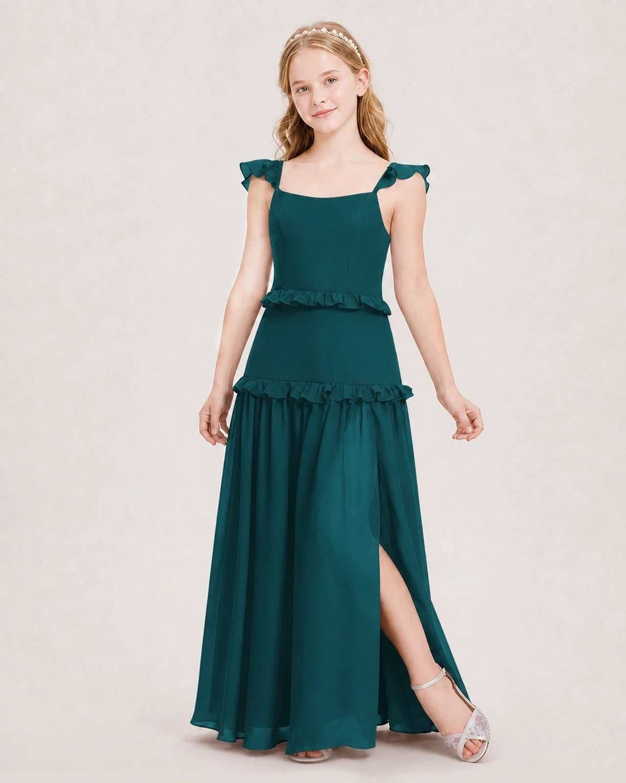Dideyttawl Ruffle Chiffon Junior Bridesmaid Dress with Slit