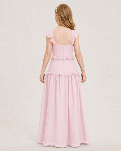Dideyttawl Ruffle Chiffon Junior Bridesmaid Dress with Slit