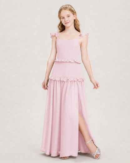 Dideyttawl Ruffle Chiffon Junior Bridesmaid Dress with Slit