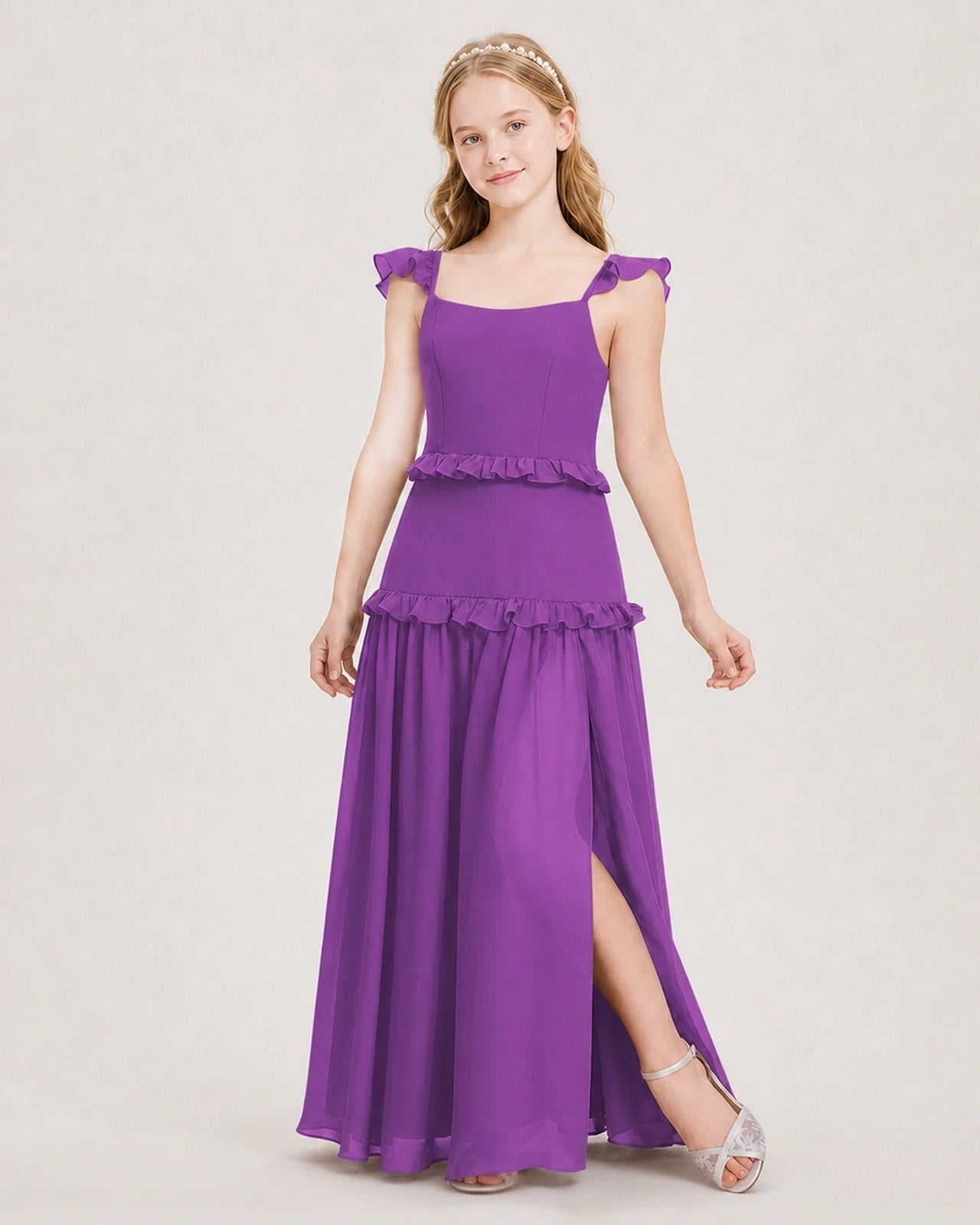 Dideyttawl Ruffle Chiffon Junior Bridesmaid Dress with Slit