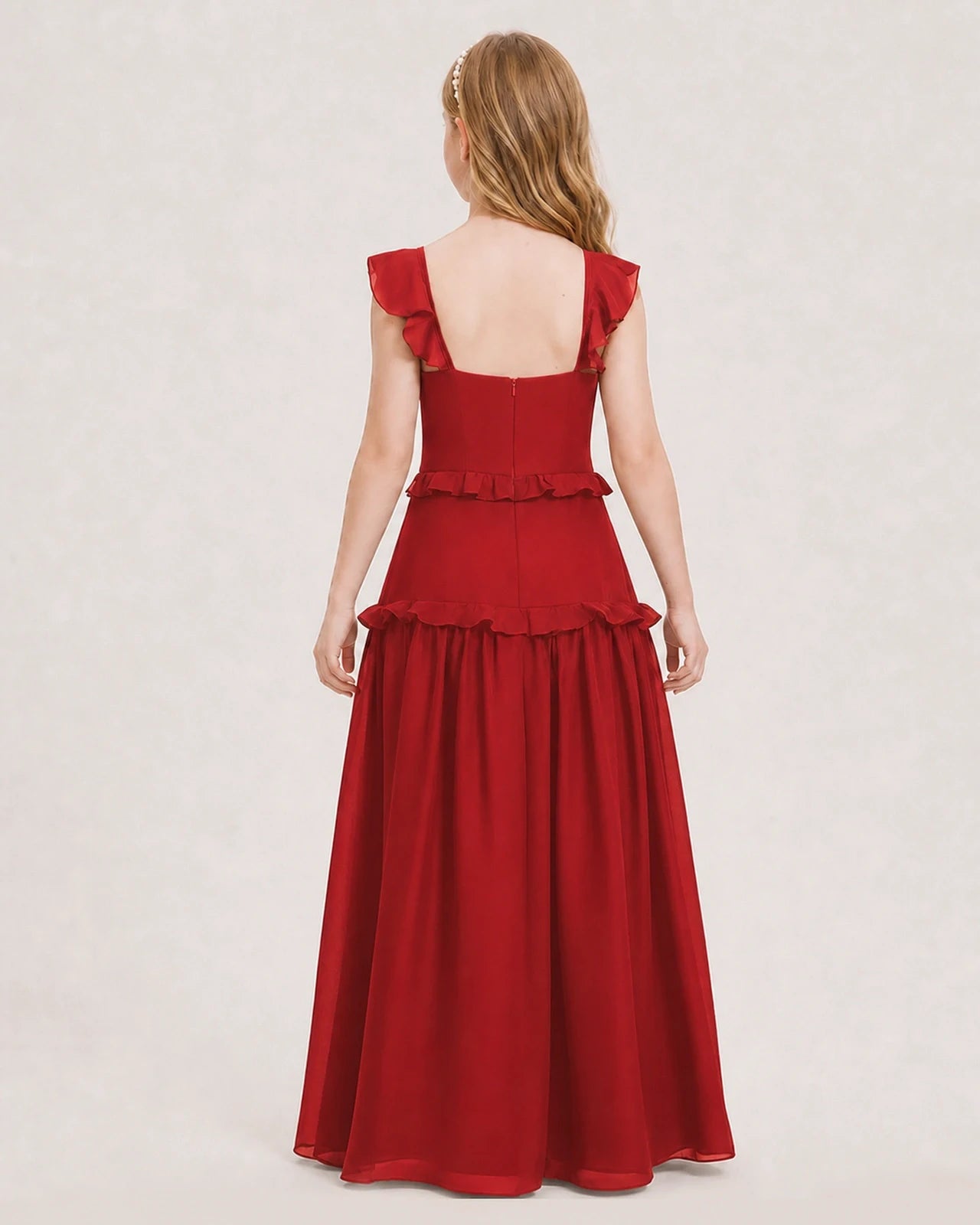 Dideyttawl Ruffle Chiffon Junior Bridesmaid Dress with Slit