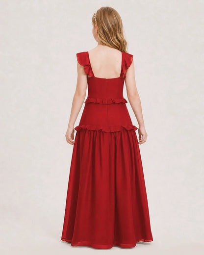 Dideyttawl Ruffle Chiffon Junior Bridesmaid Dress with Slit