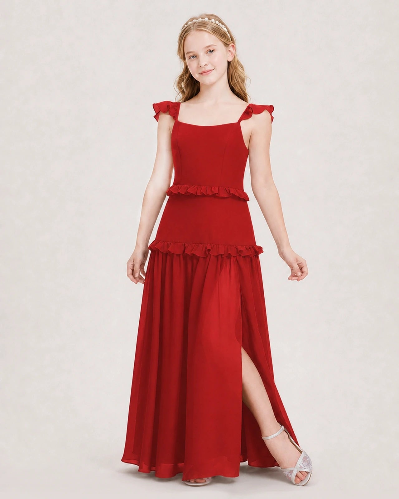 Dideyttawl Ruffle Chiffon Junior Bridesmaid Dress with Slit