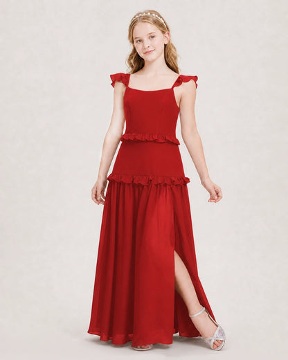 Dideyttawl Ruffle Chiffon Junior Bridesmaid Dress with Slit