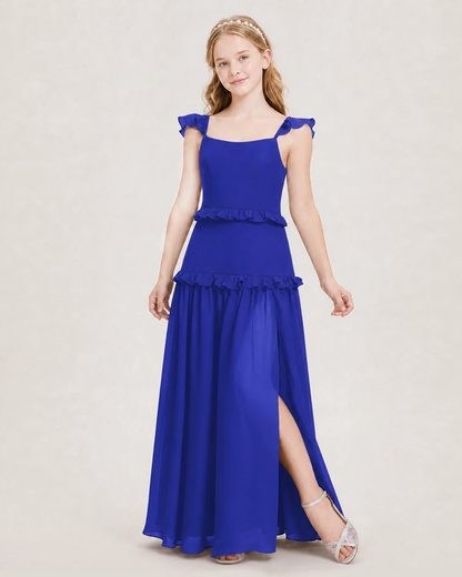 Dideyttawl Ruffle Chiffon Junior Bridesmaid Dress with Slit