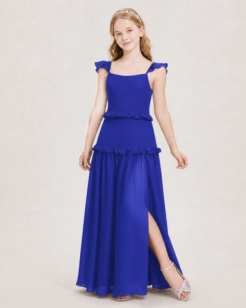 Royal Blue Chiffon Ruffled Tiered Junior Bridesmaid Dresses Front View