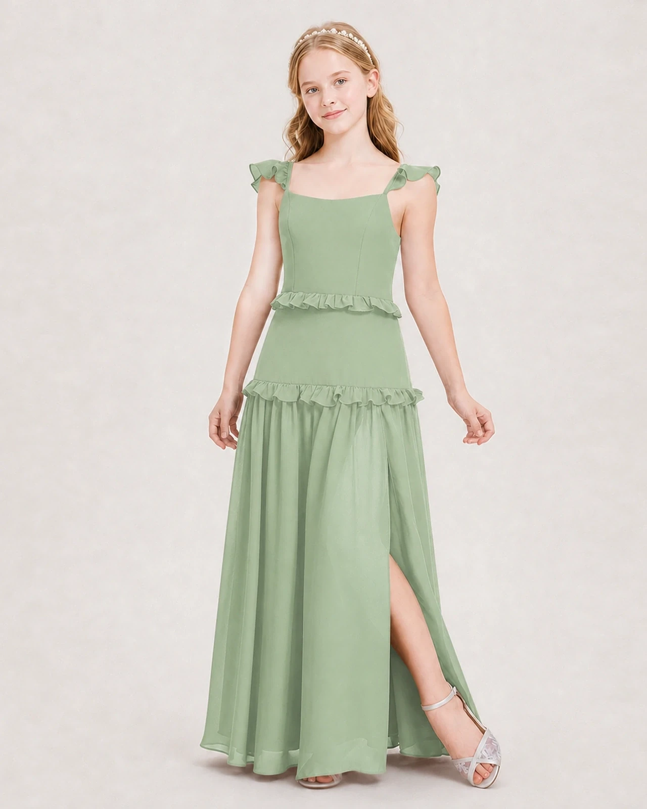Dideyttawl Ruffle Chiffon Junior Bridesmaid Dress with Slit