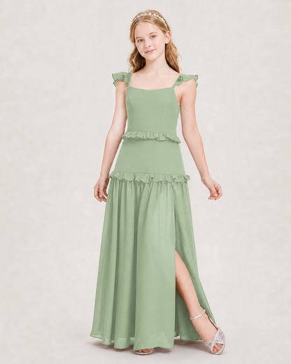 Dideyttawl Ruffle Chiffon Junior Bridesmaid Dress with Slit