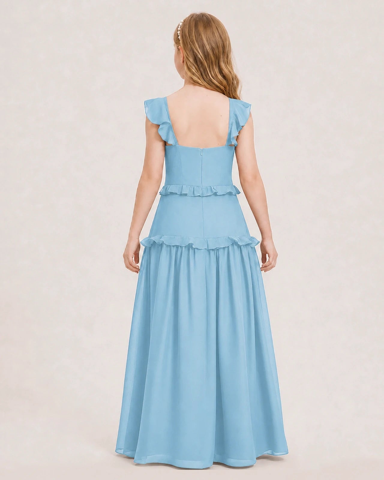 Dideyttawl Ruffle Chiffon Junior Bridesmaid Dress with Slit