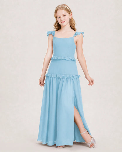 Dideyttawl Ruffle Chiffon Junior Bridesmaid Dress with Slit