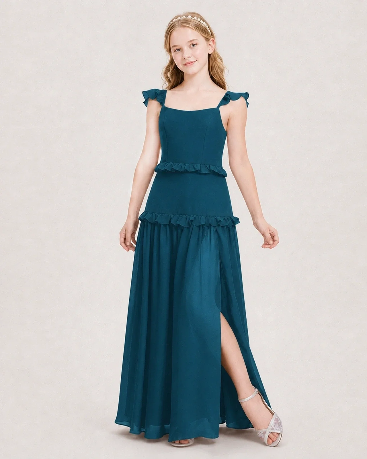 Dideyttawl Ruffle Chiffon Junior Bridesmaid Dress with Slit