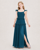 Teal chiffon tiered ruffle slit junior bridesmaid dress Front View
