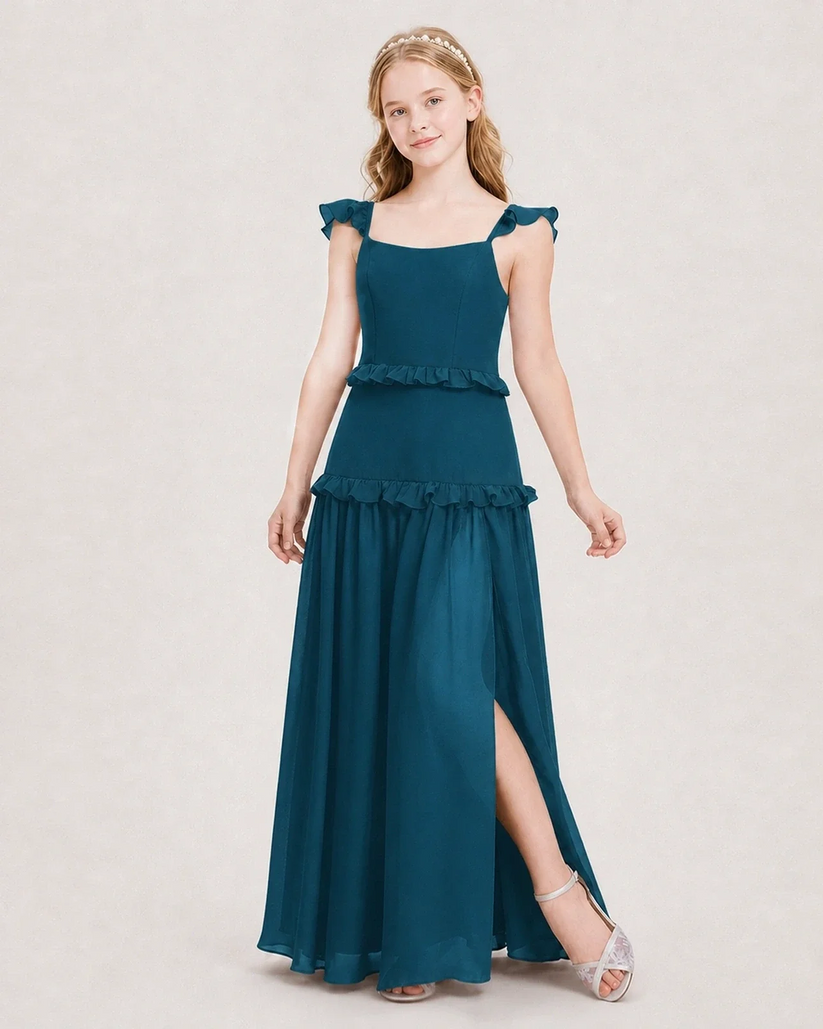 Teal chiffon tiered ruffle slit junior bridesmaid dress Front View
