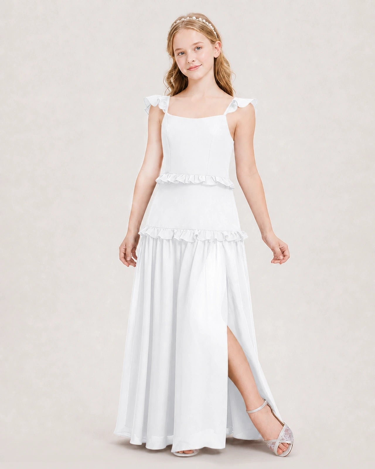 Dideyttawl Ruffle Chiffon Junior Bridesmaid Dress with Slit