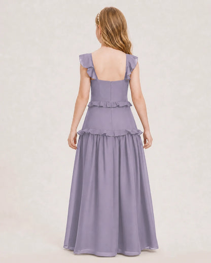 Dideyttawl Ruffle Chiffon Junior Bridesmaid Dress with Slit