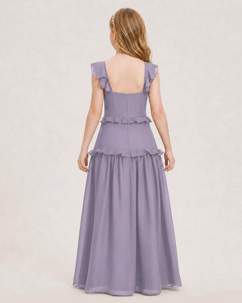 Wisteria Chiffon Ruffled Tiered Junior Bridesmaid Dresses Back View