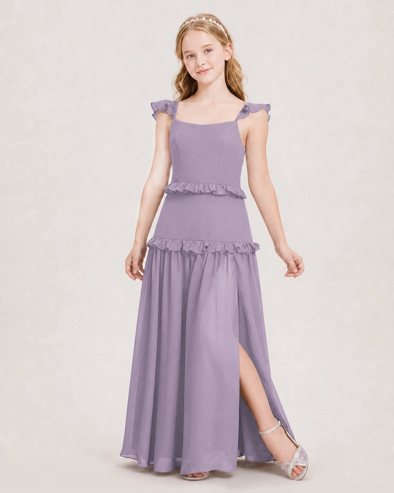 Dideyttawl Ruffle Chiffon Junior Bridesmaid Dress with Slit