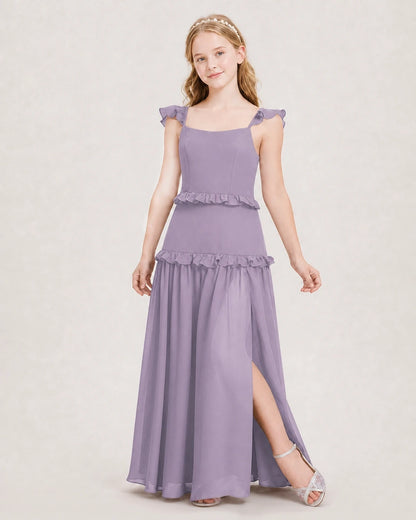 Dideyttawl Ruffle Chiffon Junior Bridesmaid Dress with Slit