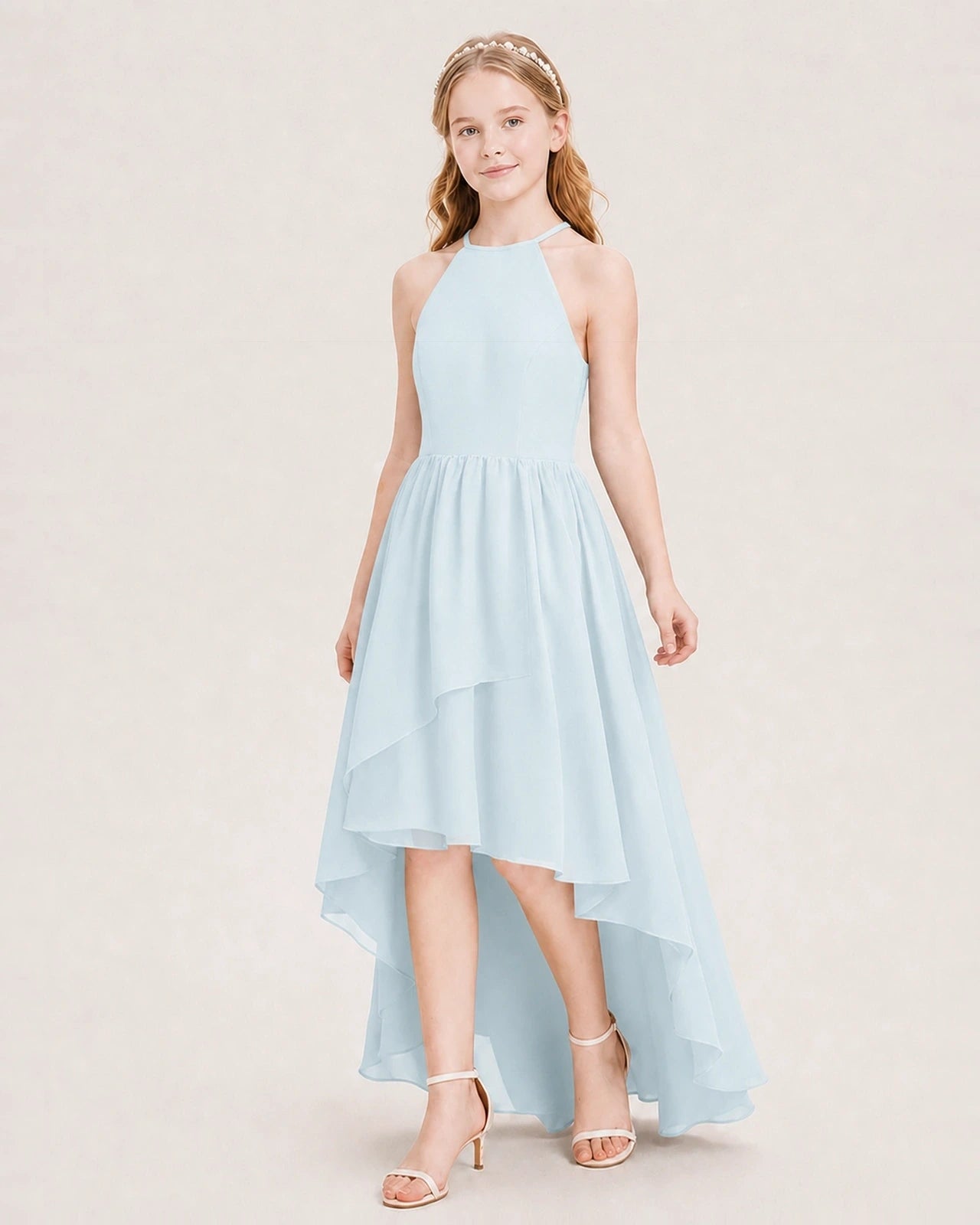 Dideyttawl Halter High-Low Chiffon Junior Bridesmaid Dress