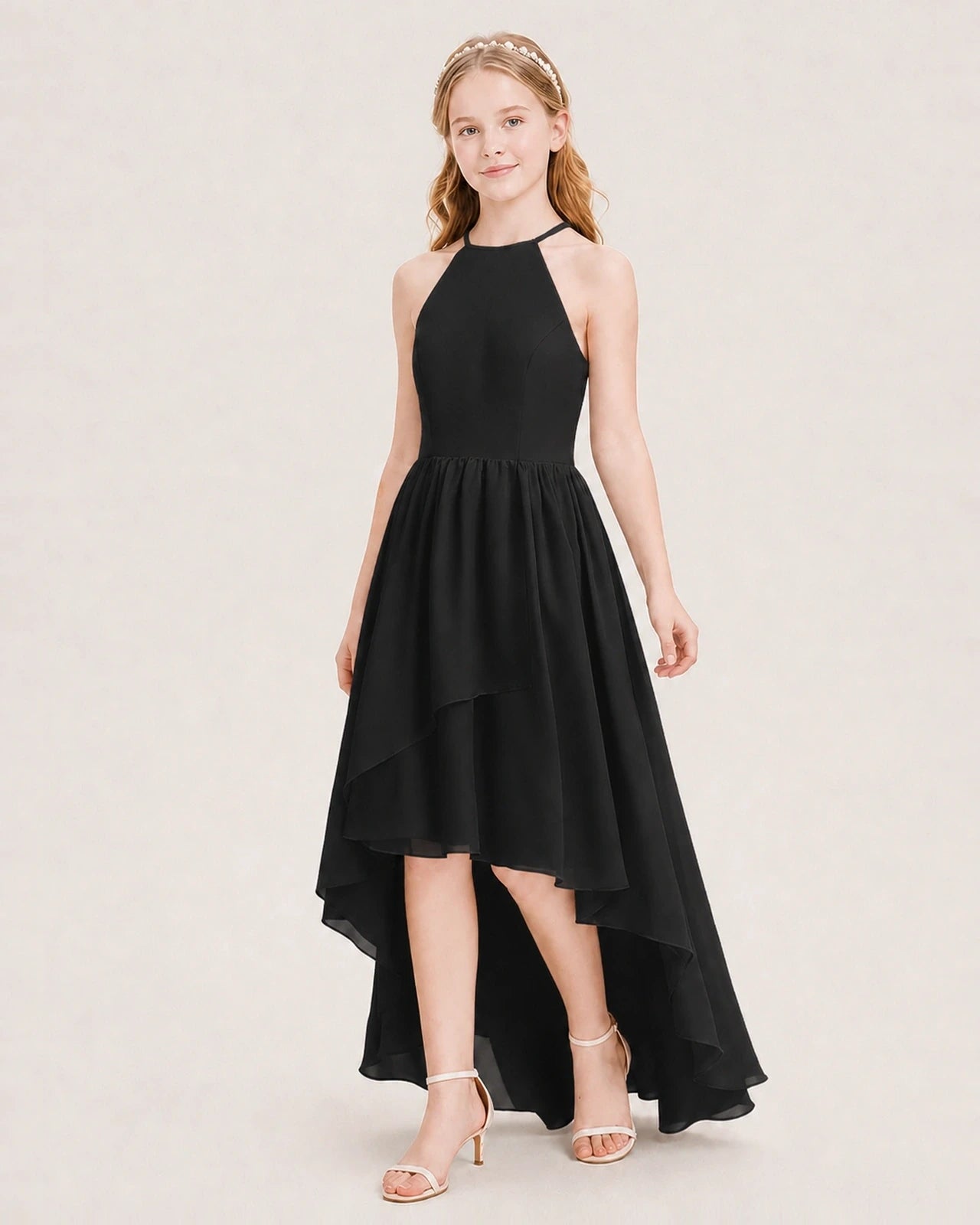 Dideyttawl Halter High-Low Chiffon Junior Bridesmaid Dress