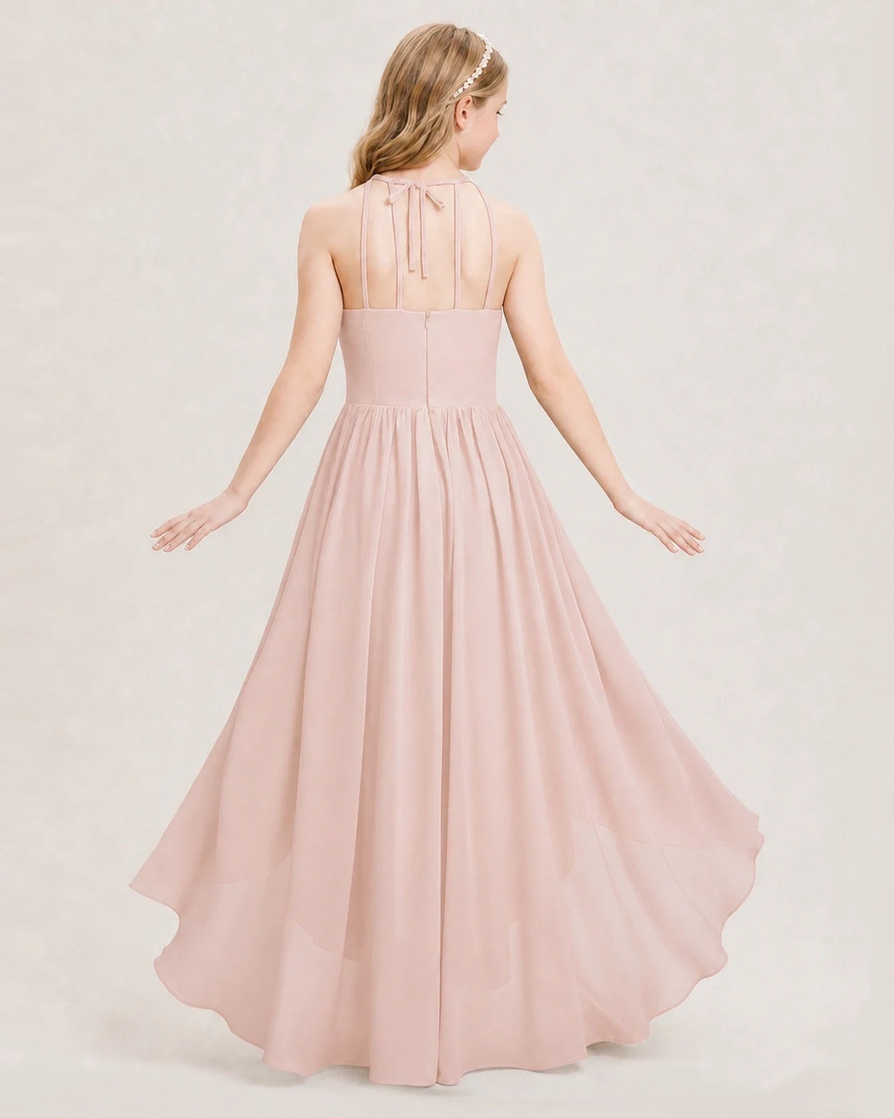 Dideyttawl Halter High-Low Chiffon Junior Bridesmaid Dress