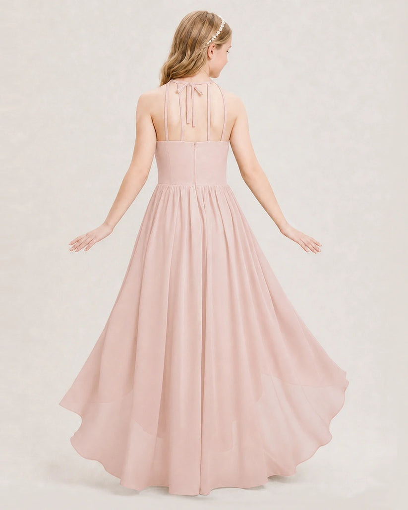 Blush Pink Chiffon Halter A-Line Junior Bridesmaid Dresses Back View