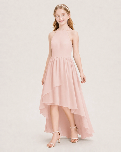 Dideyttawl Halter High-Low Chiffon Junior Bridesmaid Dress