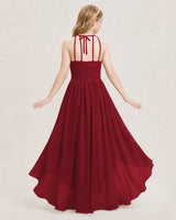 Burgundy Chiffon Halter High-Low Junior Bridesmaid Dresses Back View