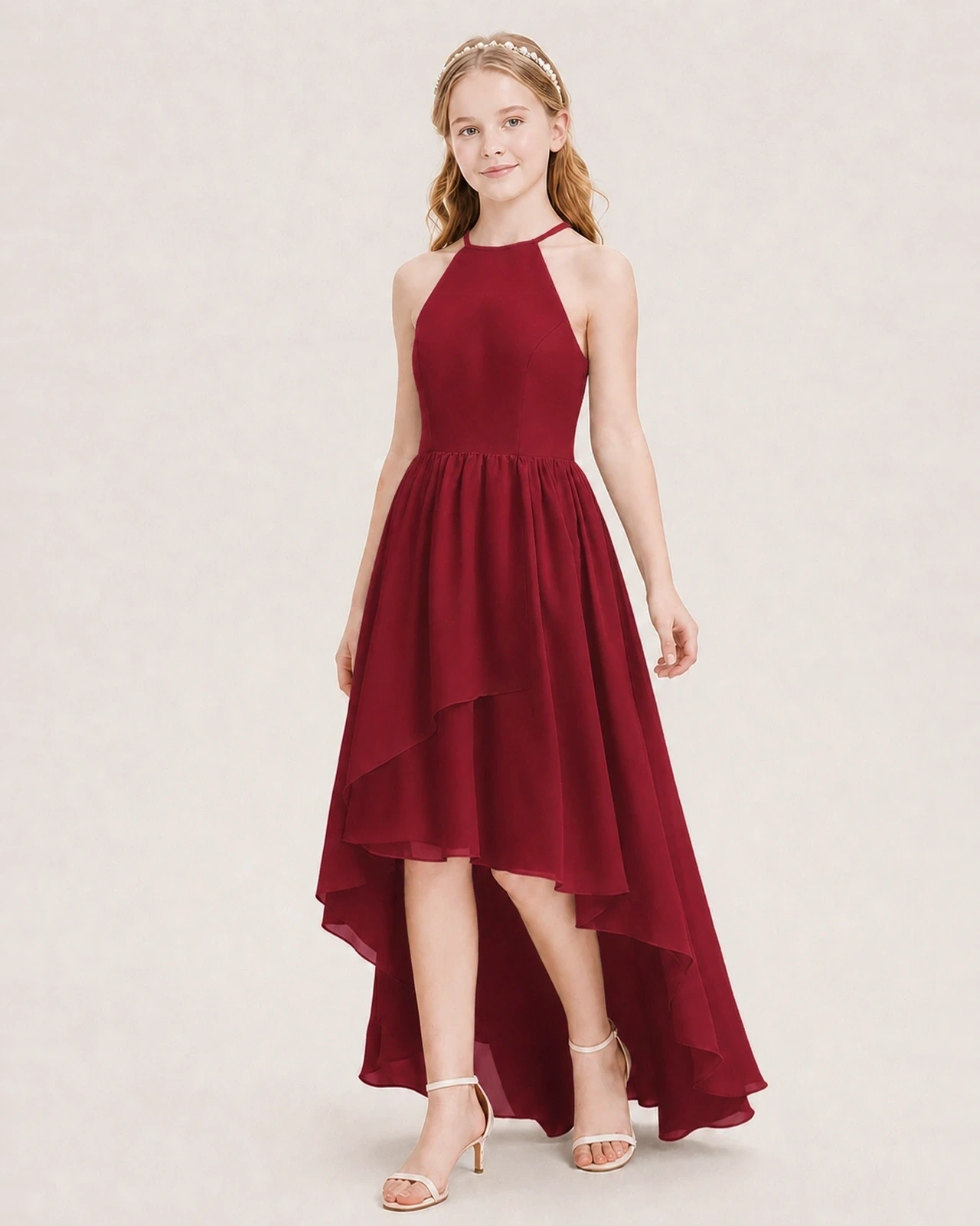 Dideyttawl Halter High-Low Chiffon Junior Bridesmaid Dress