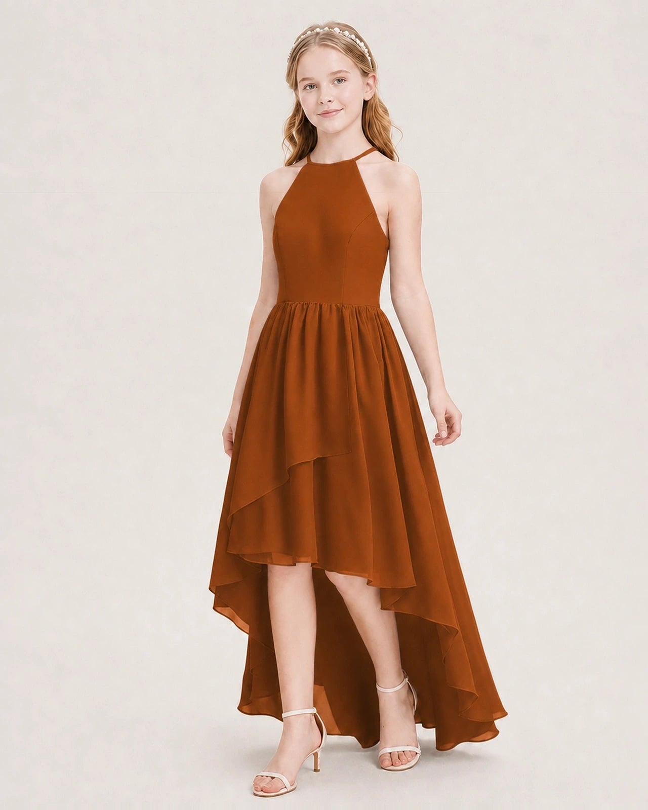 Dideyttawl Halter High-Low Chiffon Junior Bridesmaid Dress