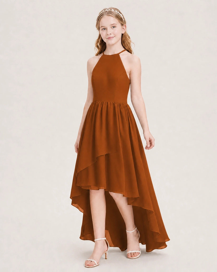 Burnt Orange Chiffon Halter High Low Junior Bridesmaid Dresses Front View