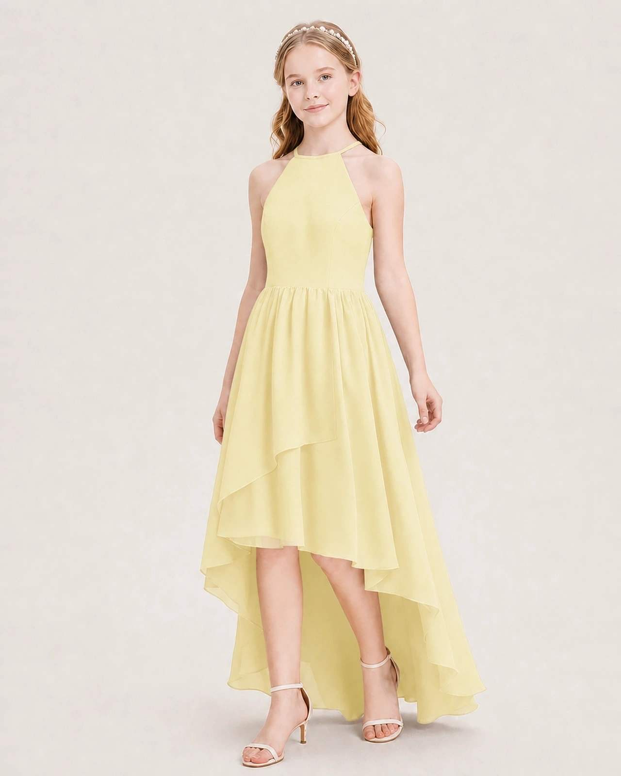 Dideyttawl Halter High-Low Chiffon Junior Bridesmaid Dress