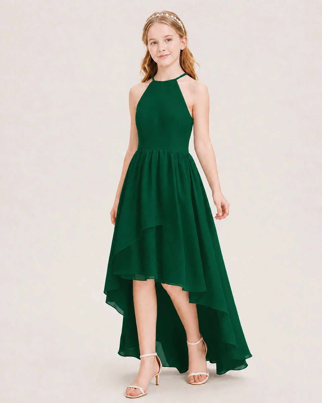 Dideyttawl Halter High-Low Chiffon Junior Bridesmaid Dress
