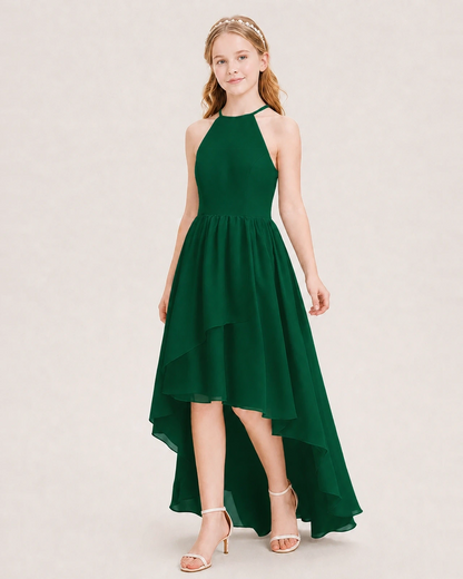 Dideyttawl Halter High-Low Chiffon Junior Bridesmaid Dress