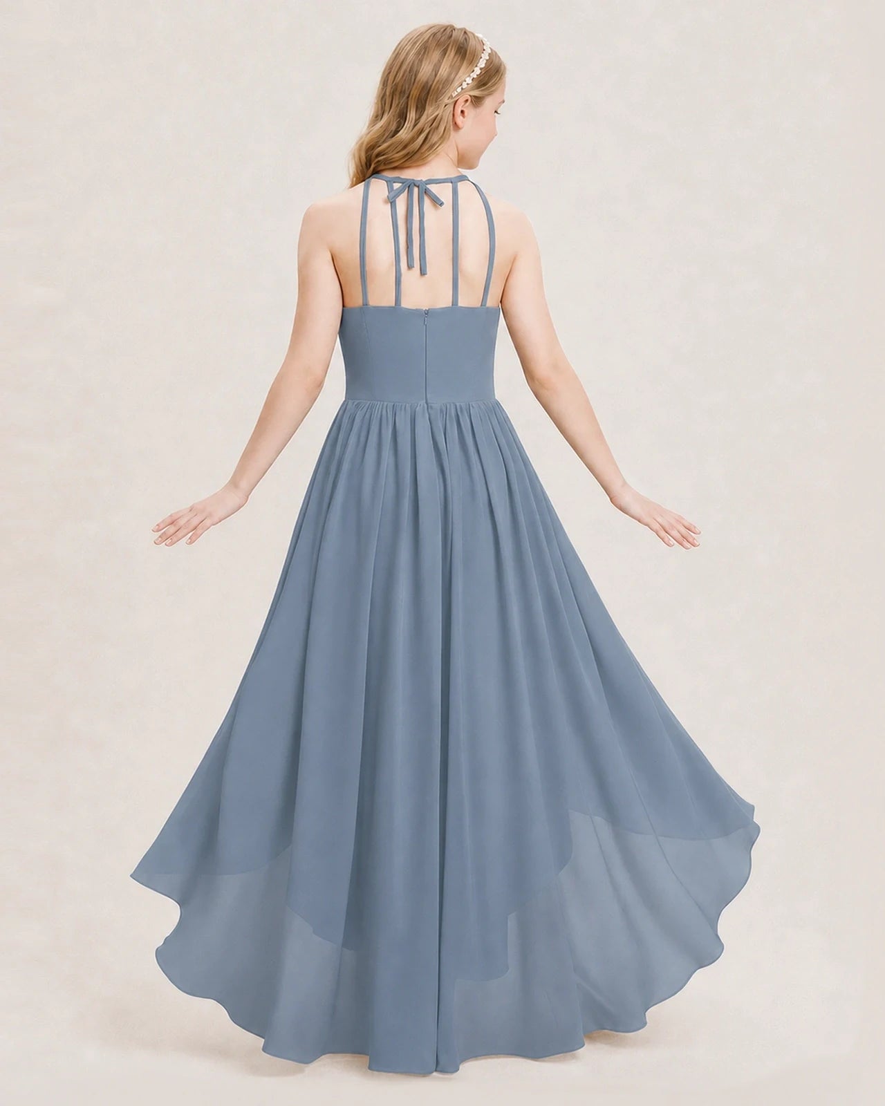 Dideyttawl Halter High-Low Chiffon Junior Bridesmaid Dress
