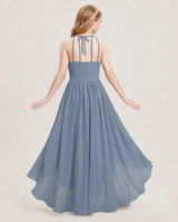 Dusty Blue Chiffon Halter High Low Junior Bridesmaid Dresses Back View