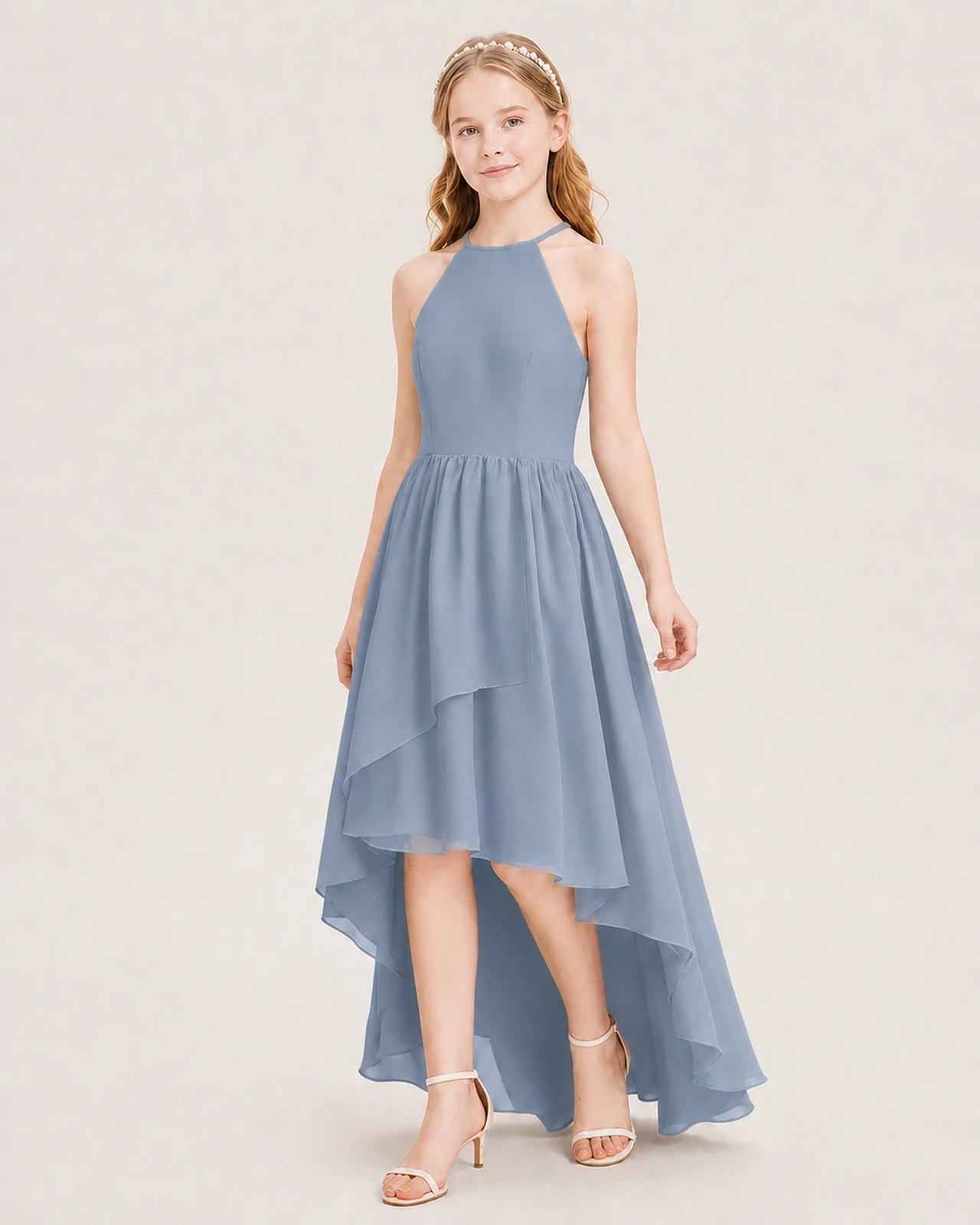 Dideyttawl Halter High-Low Chiffon Junior Bridesmaid Dress