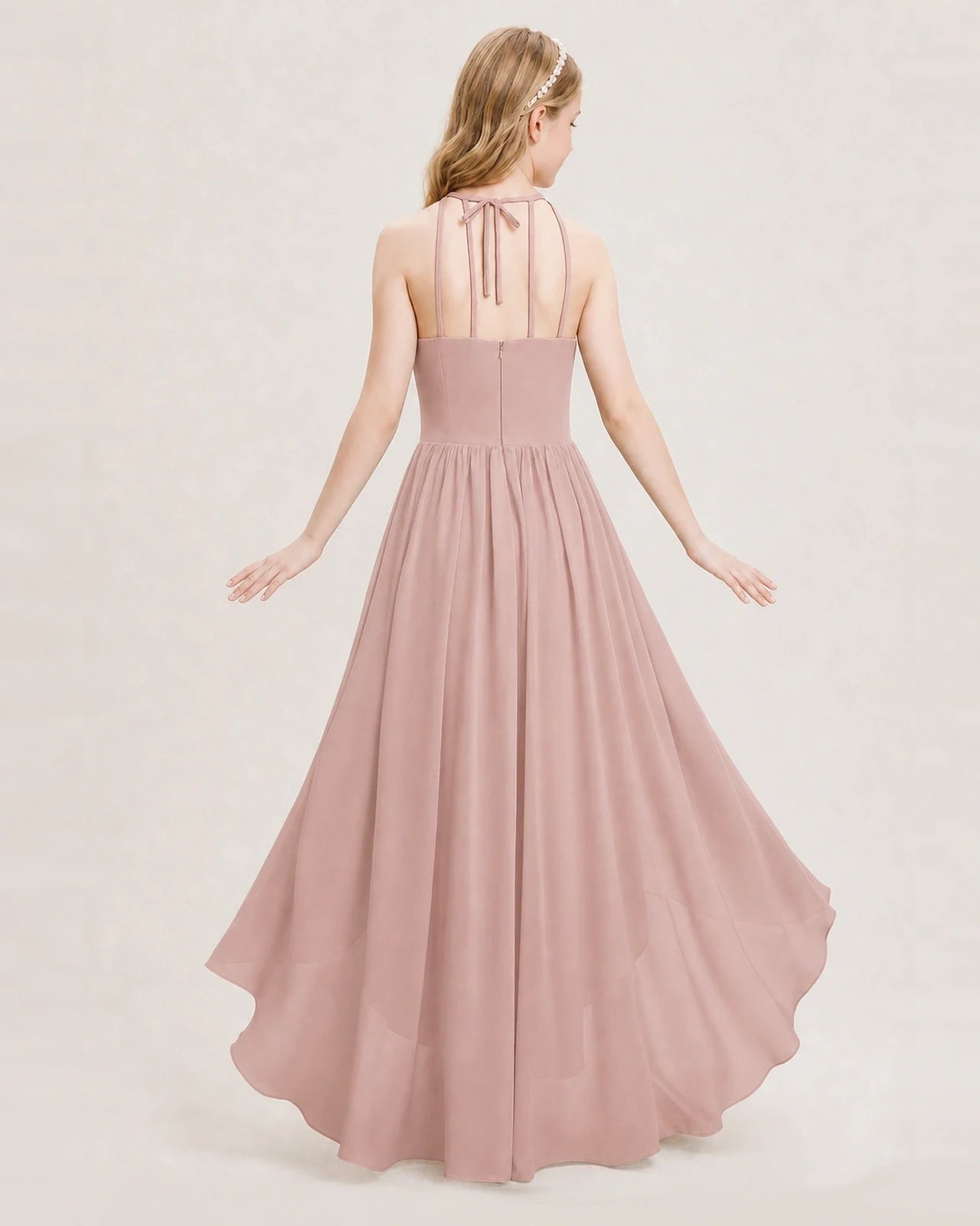 Dideyttawl Halter High-Low Chiffon Junior Bridesmaid Dress