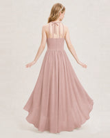 Dusty Rose Chiffon Halter High-Low Junior Bridesmaid Dresses Back View