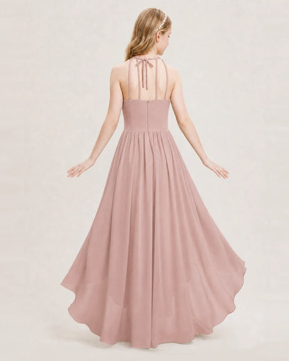 Dideyttawl Halter High-Low Chiffon Junior Bridesmaid Dress