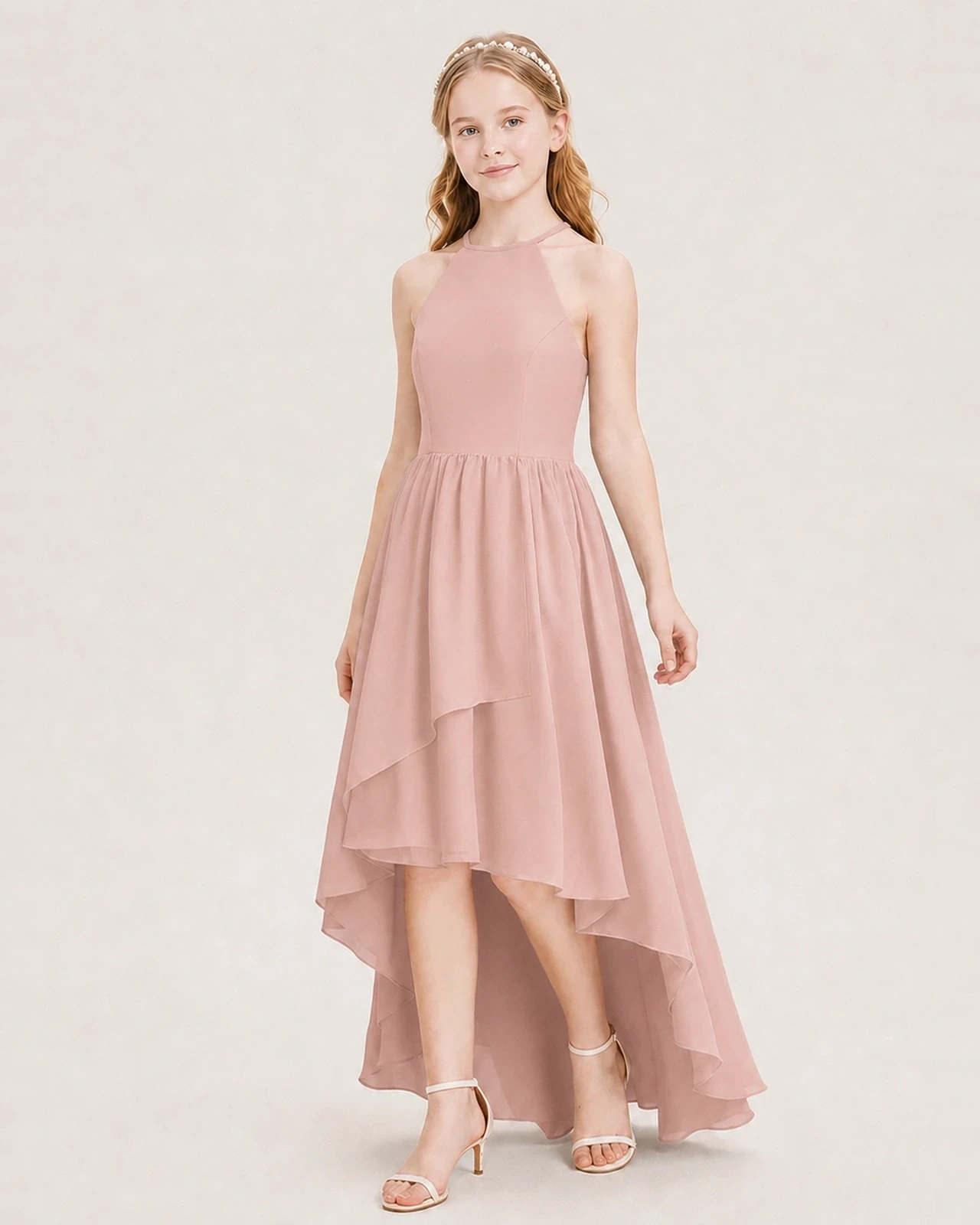 Dideyttawl Halter High-Low Chiffon Junior Bridesmaid Dress