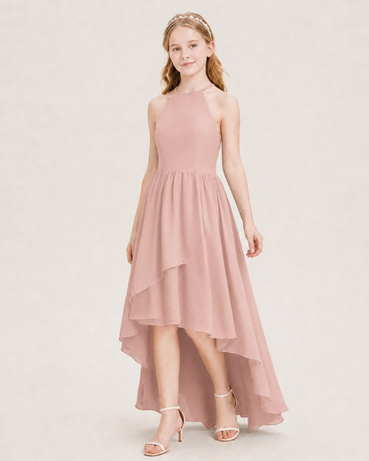 Dideyttawl Halter High-Low Chiffon Junior Bridesmaid Dress