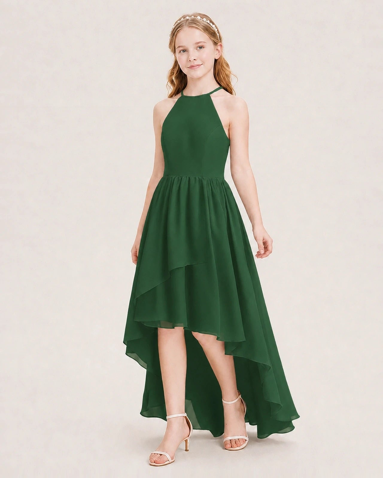 Dideyttawl Halter High-Low Chiffon Junior Bridesmaid Dress