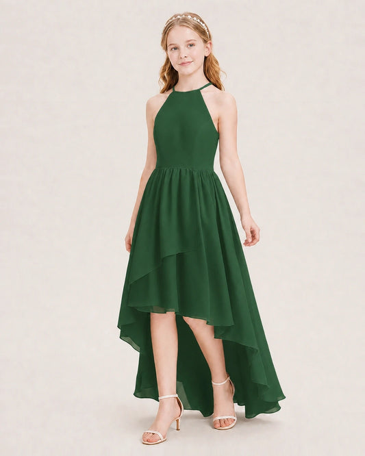 Emerald Green Chiffon High-Low Junior Bridesmaid Dresses Front View