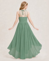 Eucalyptus Chiffon High-Low Halter Junior Bridesmaid Dresses Back View
