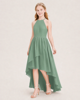 Eucalyptus Chiffon High-Low Junior Bridesmaid Dresses Front View